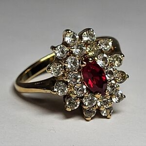 Vintage, Gold-Filled, Red Marquise Crystal And White Crystal Rhinestone Ring Sz9